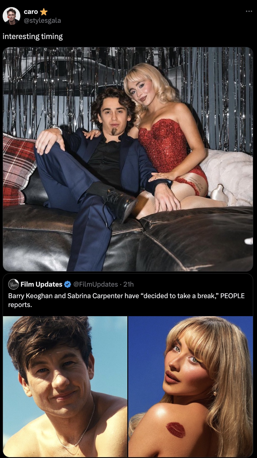 Sabrina Carpenter - caro interesting timing Film Updates 21h Barry Keoghan and Sabrina Carpenter have "decided to take a break," People reports.